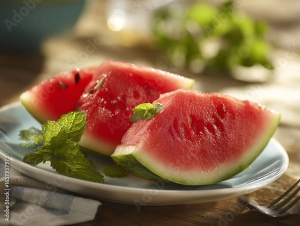 Fototapeta Presentation of fresh watermelon, summer snacks, light and refreshing foods typical for warm weather.