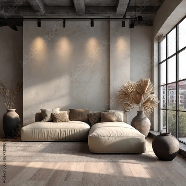 Fototapeta modern loft living room with a pebble-stone feature wall, low-profile linen sofa in sand beige, oversized ceramic pots filled with pampas and dried palm leaves, slim matte-black track lights, soft aft