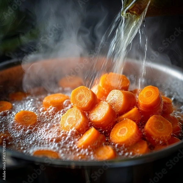 Fototapeta Chopped carrots plunging into a pot of boiling water, steam rising, bubbles bursting at the surface, kitchen action shot 