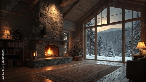 Obraz Cozy mountain lodge living room with roaring fireplace and large window overlooking snowy landscape