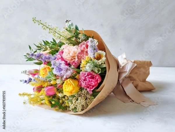 Fototapeta A vibrant bouquet of mixed seasonal flowers wrapped in craft paper with a satin ribbon, placed on a clean white surface, natural daylight highlighting the colors, no people or faces 