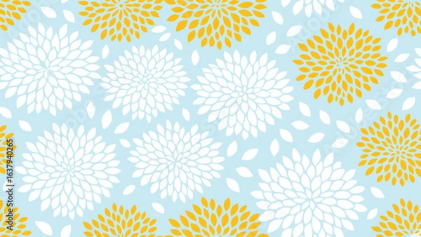Fototapeta Floral pattern with white and yellow dahlia flowers on a light blue background in a seamless design