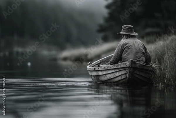 Fototapeta Lonely senior fisherman in a small wooden boat on a misty lake
