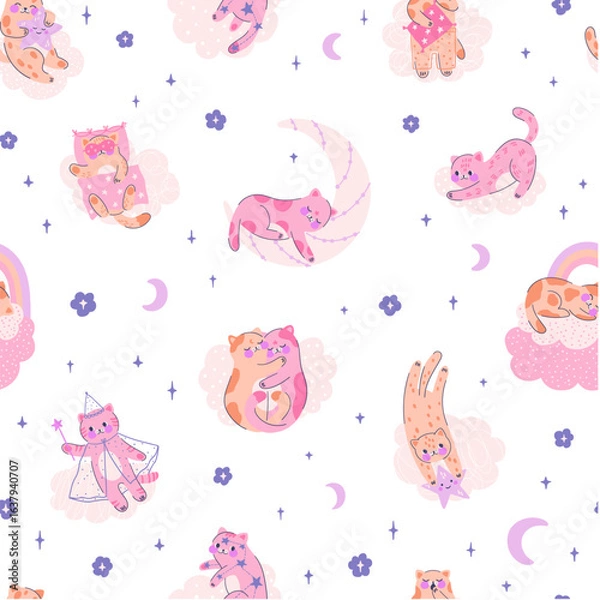 Fototapeta Seamless pattern with adorable magical kittens