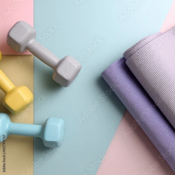 Fototapeta Health and fitness product promo, light-toned blank space in the top left, dynamic gym equipment like dumbbells and yoga mat on the right, pastel-colored simple background 