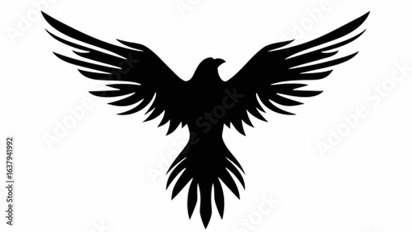 Fototapeta Silhouette of a bird with spread wings displaying its feathers in a symmetrical design element style