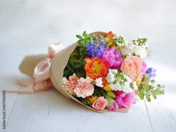 Fototapeta A vibrant bouquet of mixed seasonal flowers wrapped in craft paper with a satin ribbon, placed on a clean white surface, natural daylight highlighting the colors, no people or faces 