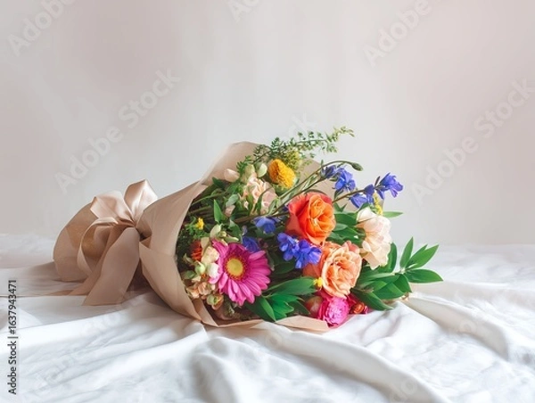 Fototapeta A vibrant bouquet of mixed seasonal flowers wrapped in craft paper with a satin ribbon, placed on a clean white surface, natural daylight highlighting the colors, no people or faces 