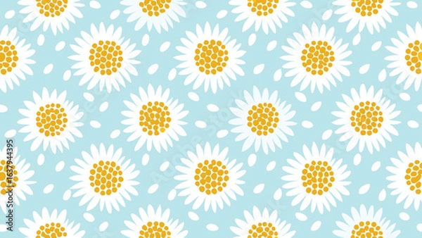 Fototapeta A repeating pattern of white daisies with yellow centers on a light blue background with white spots