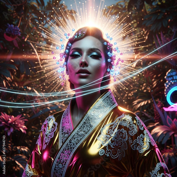 Fototapeta the woman is wearing a shiny/glossy golden kimono in the sunlight, in the style of cyberpunk realism, enigmatic tropics full of light, glamorous hollywood photorealistic portraits, detailed character 
