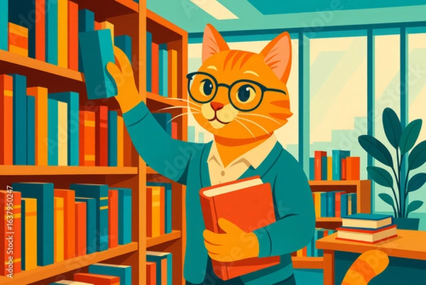 Fototapeta Cat librarian organizing books in stylish modern library, colorful educational ad style