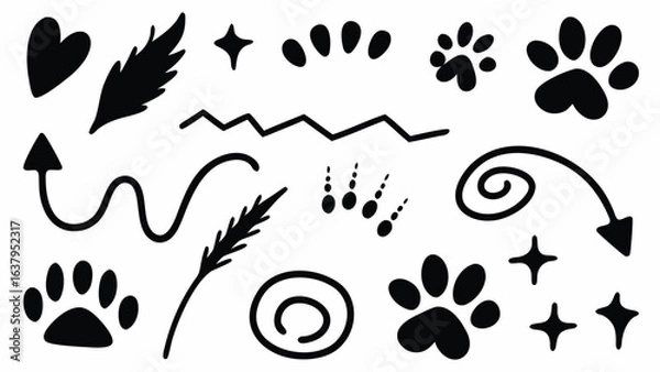 Fototapeta Collection of doodle elements including hearts arrows paw prints and abstract shapes in black and white