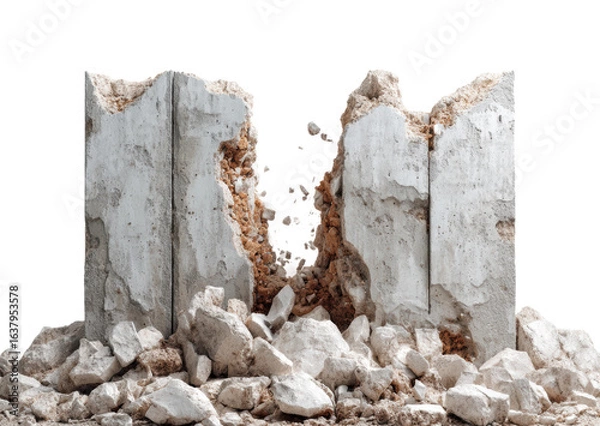 Fototapeta Destruction of concrete wall construction site urban environment, isolated on transparent background, png