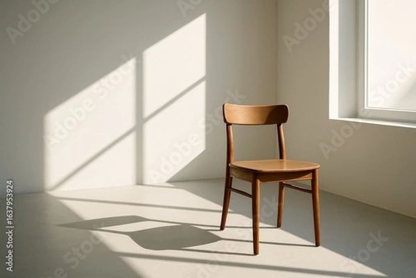 Fototapeta Sunlit wooden chair in a minimalist room with window shadows and copy space, modern interior decor background.