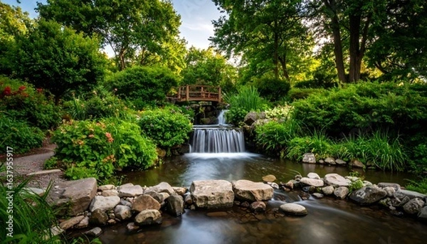 Fototapeta Serene garden waterfall cascades over rocks into a tranquil pool, a wooden footbridge overlooks the scene