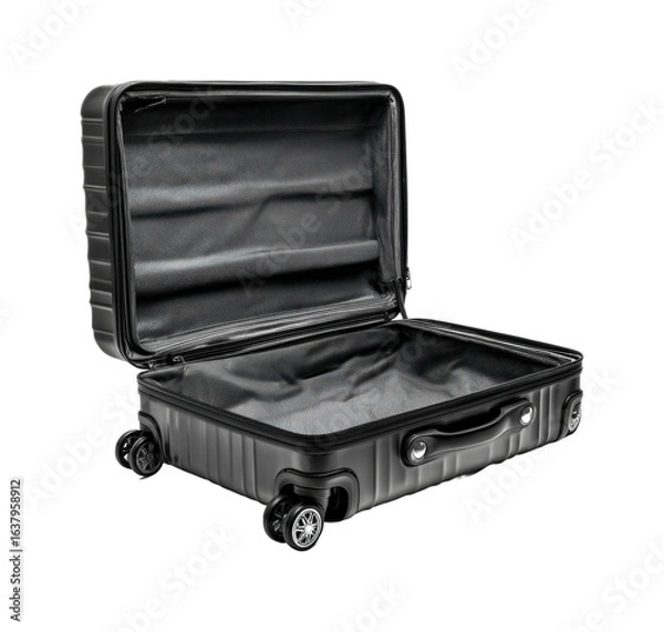 Fototapeta Packing for adventure open black suitcase travel scene viewpoint, isolated on transparent background, png