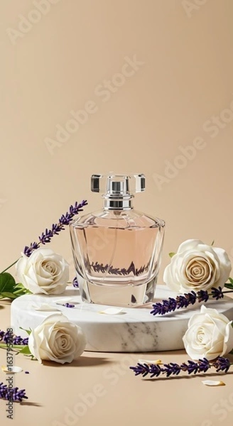 Obraz Feminine perfume bottle on a marble podium, adorned with delicate white roses and aromatic lavender sprigs against a neutral beige background.