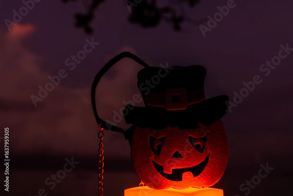 Fototapeta Concept: Halloween beach and ocean background with pumpkin ghost witch ghost dark scary tone