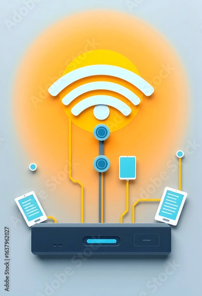 Fototapeta Illustration of wifi icon with electronic connections, flat papercut style, with white tones