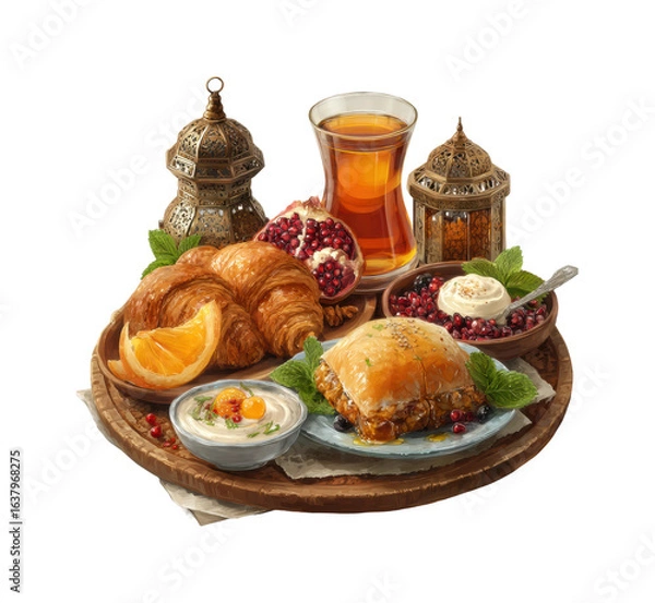 Obraz Delightful arabic breakfast spread cozy food home top view, isolated on transparent background, png