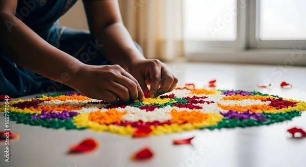 Obraz Hands Creating Vibrant Floral Rangoli Art for Festival
