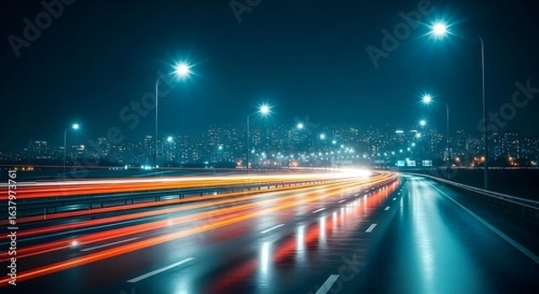 Fototapeta Night City Highway with Light Trails and Wet Road Surface.