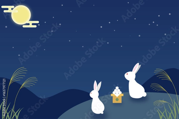 Fototapeta 中秋の名月を背景に、月見団子を前に並んだ2匹のうさぎとススキが描かれた秋の情景イラスト。満月と星空が広がる和風ベクター素材｜十五夜 月見 団子 うさぎ ススキ 秋の夜