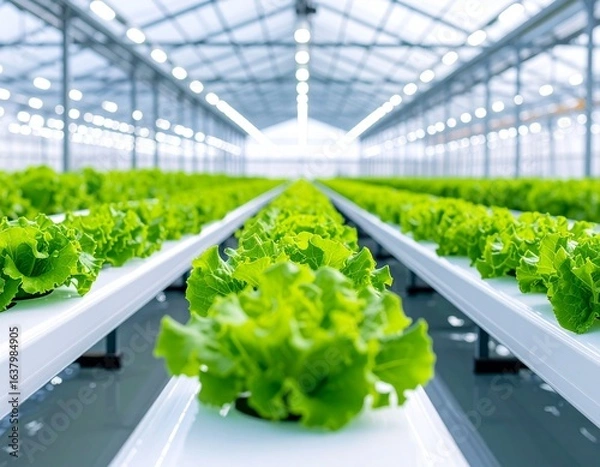 Fototapeta Ultra realistic close-up of vibrant green lettuce growing in hydroponic white channels with crystal clear water in sunlit greenhouse, perfect sharpness and vivid colors, professional stock photo