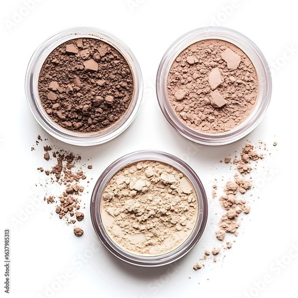 Fototapeta Three Jars of Loose Powder Foundation in Different Shades on White Background