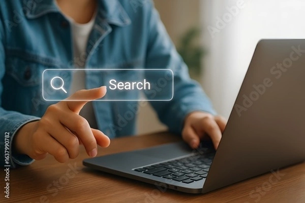 Fototapeta concept of online research and information retrieval, with a hand poised over the keyboard and a futuristic search bar floating in the air.