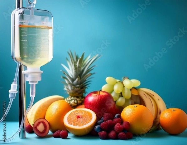 Obraz iv drip brimming with fresh fruits on a blue backdrop symbolizes modern healthcare offering nutritional infusion and wellness benefits through vitamin therapy for optimal health