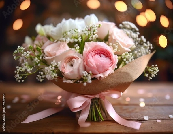 Fototapeta an elegant bouquet with soft pink roses, white ranunculus, and baby's breath, wrapped in brown craft paper with a pale pink satin ribbon, placed on a rustic wooden table