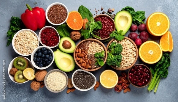 Fototapeta Healthy food for clean eating selection: fruit, vegetable, seeds, nuts, and superfoods on a gray background. Balanced diet, vegan, and wellness concept.