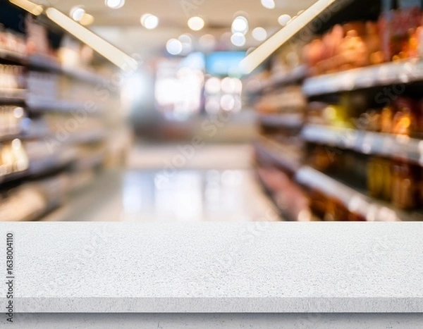 Fototapeta vertical empty white table top counter desk over blur perspective store with bokeh light background white marble stone table shelf and blurred shop for food product display mockup