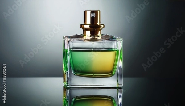 Fototapeta elegant crystal perfume bottle with gradient green and gold fragrance on reflective surface