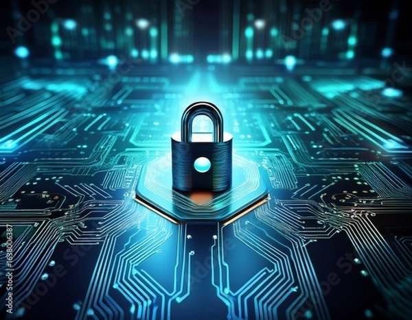 Fototapeta secure digital lock on circuit board representing cybersecurity technology and data protection innovations in modern computing systems