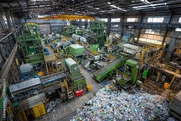 Fototapeta A large recycling facility with various machines processing waste materials. Piles of sorted recyclables are visible throughout the industrial space.