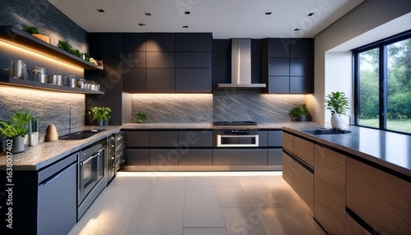 Fototapeta functional modern kitchen featuring open shelving premium stainless steel appliances stone countertops under cabinet lighting a perfect balance of form and function