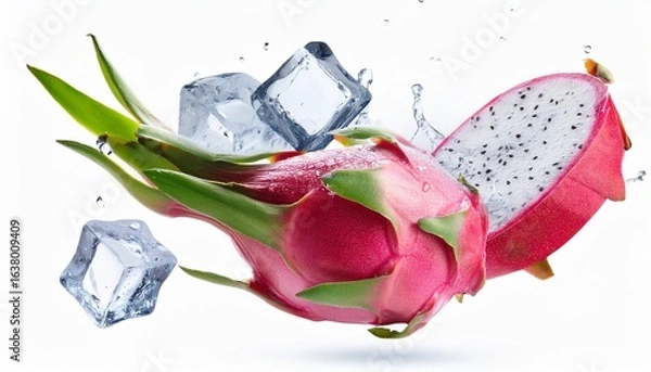 Fototapeta flying dragon fruit with ice cube isolated on white background