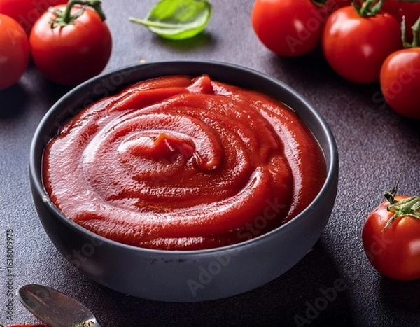 Fototapeta homemade tomato paste ketchup in a bowl surrounded by tomatoes horizontal dark