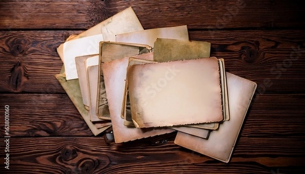 Fototapeta vintage blank photocards scattered on dark wooden background with aged paper texture and soft brown tones creating a nostalgic atmosphere