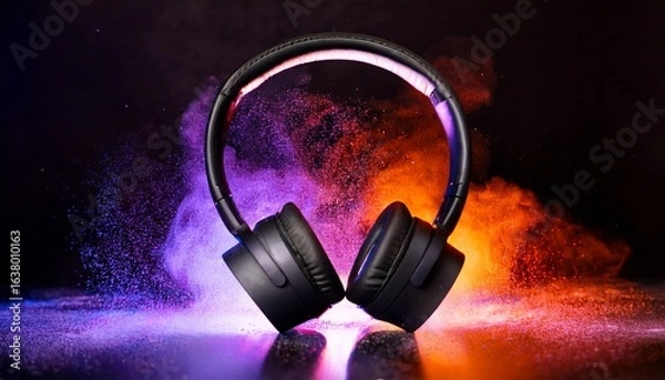 Fototapeta black wireless headphones surrounded by vibrant glowing orange and purple powder and spark particles on dark surface with dramatic lighting and smoke effects