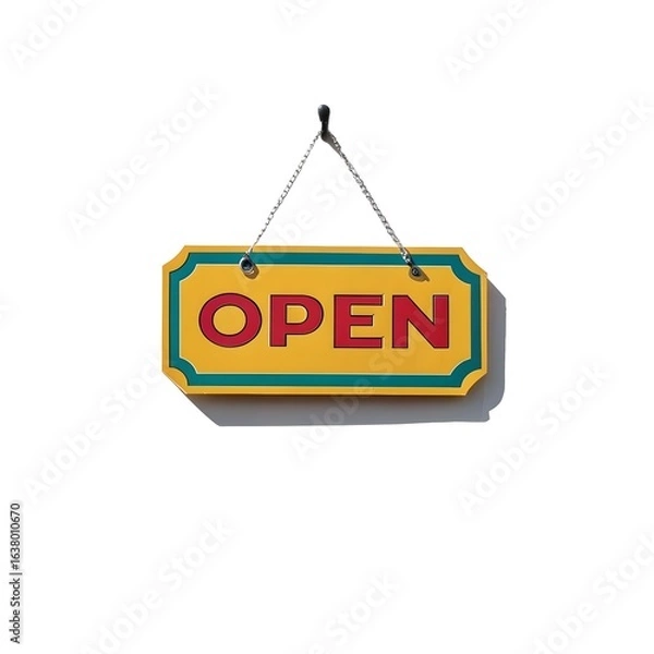 Fototapeta Yellow Open Sign Hanging on White Background with Shadow