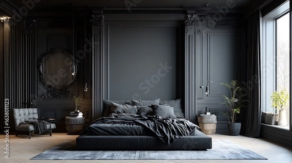 Fototapeta Luxurious large bedroom with black dark gray walls and a bed. Deep rich colors grey, graphite and white. Blank mockup background design room. Empty space for art. Generative AI.