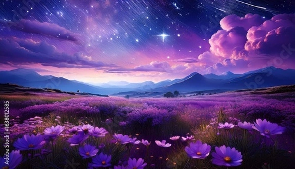 Fototapeta a dreamy violet field of flowers under a starry night sky with shooting stars and fluffy purple clouds