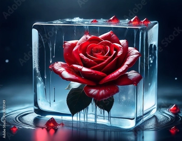 Fototapeta red rose flower in an ice cube wide with blood wide