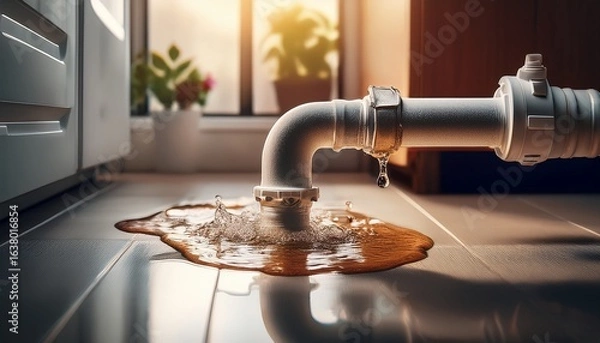 Fototapeta water heater overflow pipe leaking onto the floor causing a puddle of warm water and fear of potential damage to the surrounding area
