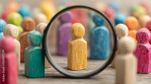 Fototapeta Magnifying glass focuses on unique yellow person in diverse crowd, highlighting individuality and selection