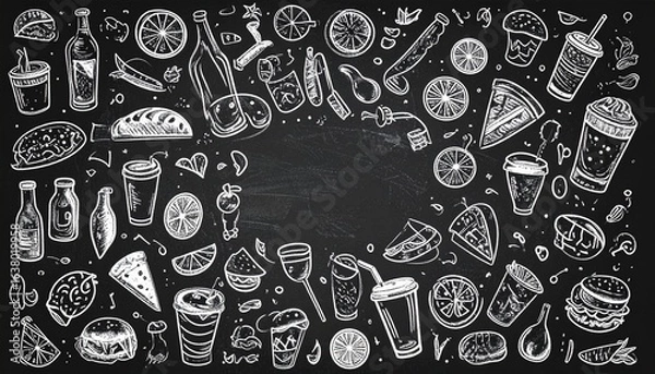 Fototapeta Food and drinks doodle icon set on a chalkboard background. Menu template for a restaurant, cafe, or bar.