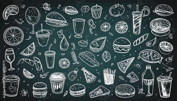 Fototapeta Food and drinks doodle icon set on a chalkboard background. Menu template for a restaurant, cafe, or bar.